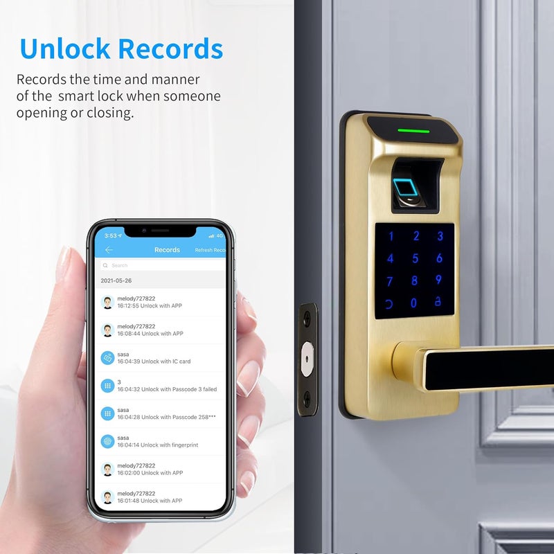 HARFO Fingerprint Door Lock, Heavy Duty Full APP Control Touchscreen Keypad Keyless Lock with Reversible Handle, Perfect for Home/Office/Bedroom Doors (Gold) - Image 5